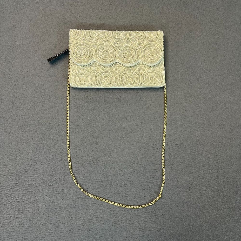 Lulus Women's Small Ivory White Gold Beaded Clutch Scalloped Bag 100% Cotton NWT